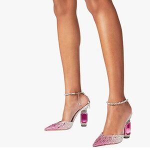 FSJ Pink Gradient Rhinestones Sandals Pointy Toe Crystal Chain Ankle Strap Pumps